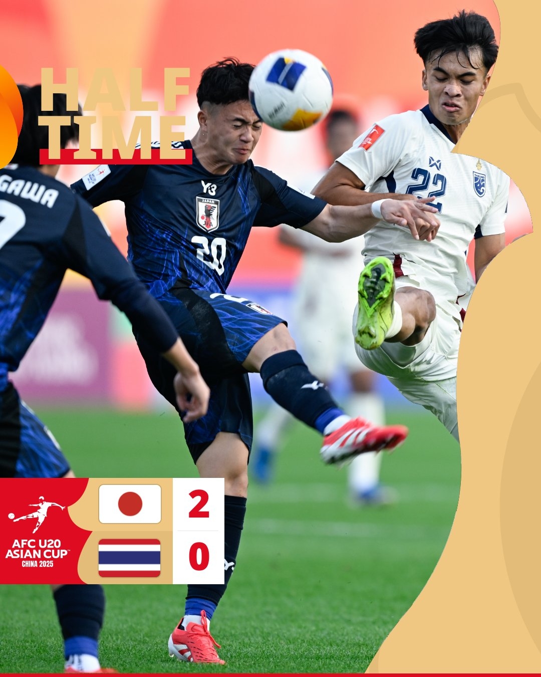 半場-日本U20 2-0領先泰國U20，石井久繼破門+中柱 泰國0射正