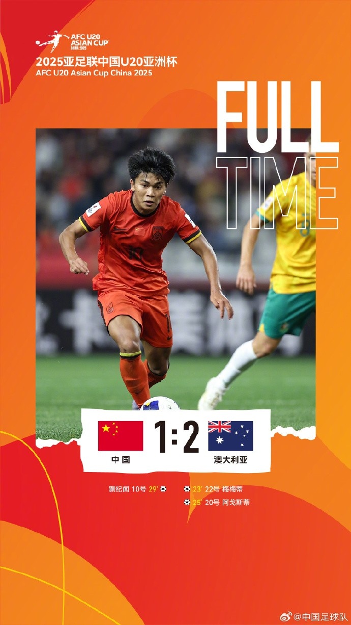  U20亞洲杯小組賽A組第三輪，中國隊1比2負于澳大利亞隊