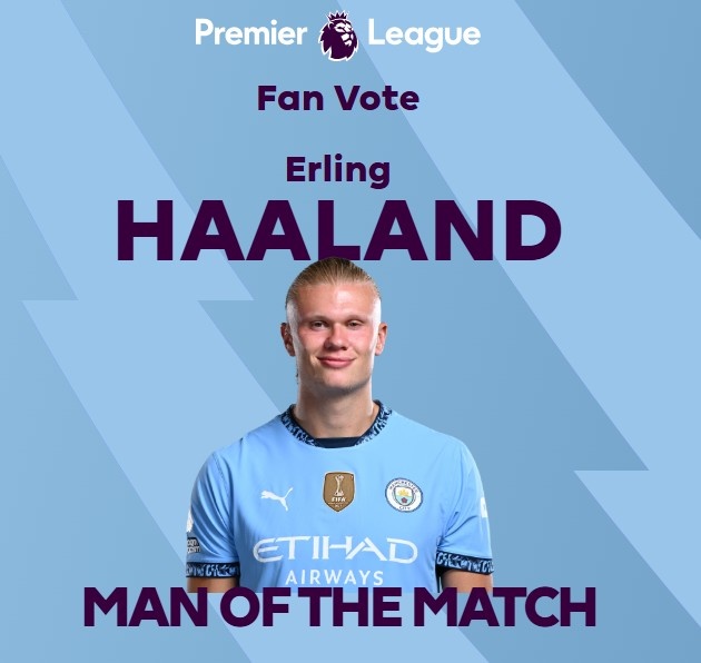  打進(jìn)致勝球！英超官方：哈蘭德當(dāng)選曼城1-0熱刺全場最佳球員